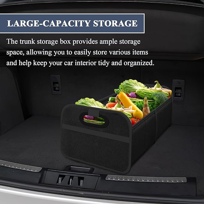 Car Trunk Organizer, Foldable Car Trunk Storage Box with 2 Compartments & Mesh Pocket, Large Capacity, Portable with Handle, Collapsible Backseat Storage Organizer for SUV Truck Sedan (Black)