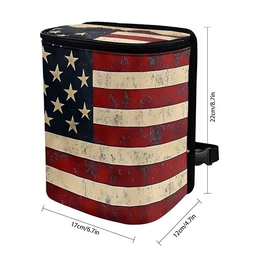 Biyejit Vintage USA Flag Car Trash Can with Lid - Trash Bag Hanging Storage Pockets Leak-Proof Organizer Portable Waterproof Garbage Bin, Large Capacity Multipurpose Bin