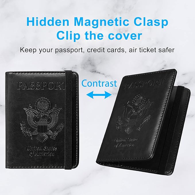 ACdream Passport Holder Cover, Leather Travel Wallet Case, RFID Blocking Document Organizer Protecrtor, with Slots for Credit Cards, Boarding Pass, for Women and Men, Black