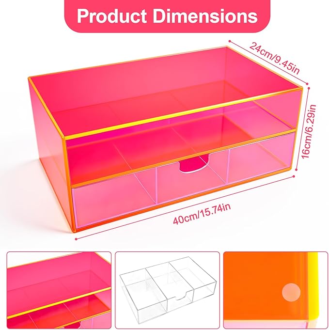 Gelite Acrylic Computer Monitor Stand for Desk Monitor Riser with Drawer Desktop Monitor Shelf with Storage, Neon Pink