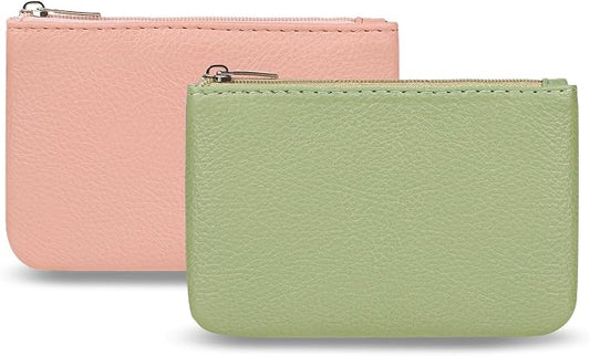 2 Pack Portable PU Leather Mini Coin Purse with Zipper for Women - Credit Card, Folded Bills, ID, Key, Headset, Lipstick (Pink & Green)