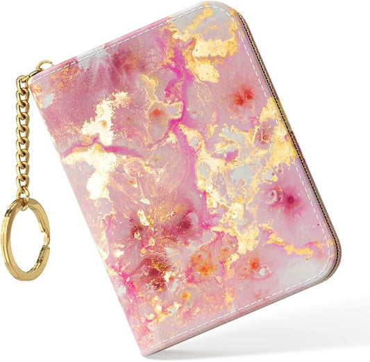 Nipichsha Credit Card Holder, Small RFID Card Wallet for Women, Slim Leather Card Holder Wallet, Credit Card Wallet Organizer, Pocket Business Card Case with Zipper & Keychain, Gold Pink Marble