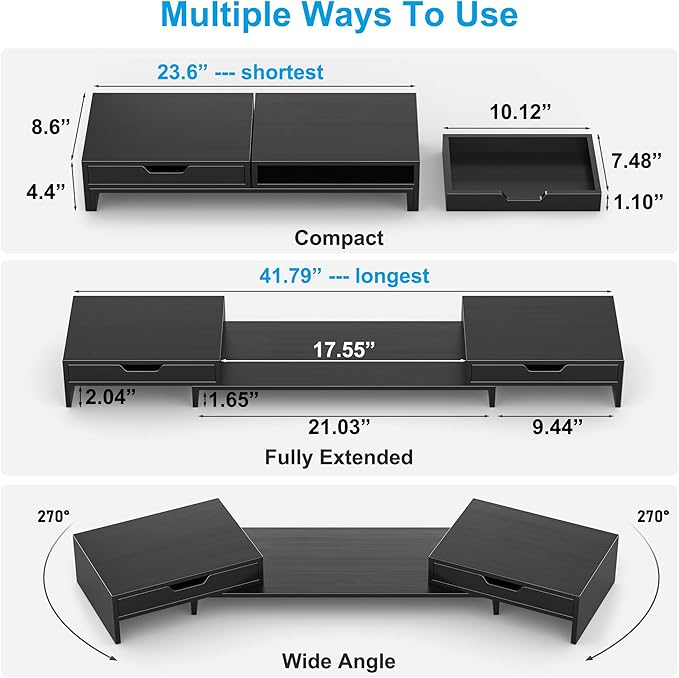 Epesoware Dual Monitor Riser with Two Drawers for Desk, Bamboo Monitor Stand Riser with Storage, Desk Shelf for Computer, IMac & Laptop, No Assembly Required, Black