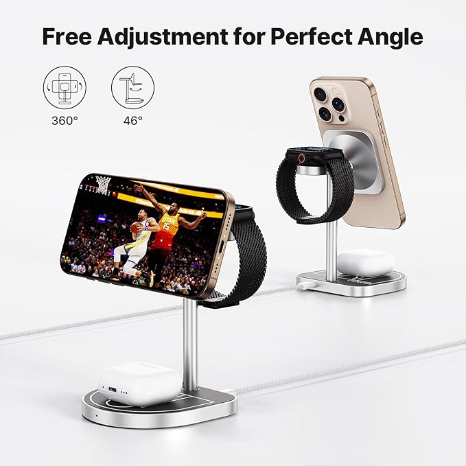 KU XIU X85 3-in-1 Wireless Charger Stand, Magnetic Charging Station for iPhone 17??2 & iPhone Air, Apple Watch S11??/SE/Ultra, AirPods 4/3/2/Pro ??Adjustable Stand, Basketball Court-Inspired Design