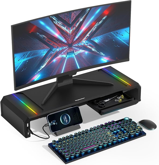 Heymaster Gaming Monitor Stand Riser with RGB Light, USB HUB Type-C Data Port, Adapter Charging, Foldable Adjustable Length Computer Monitor Phone Stand Storage Drawer & Pen Slot