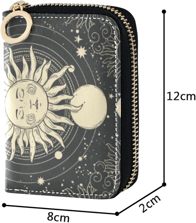 Boho Tarot Moon RFID Credit Card Holder Wallets Accordion for Women Leather Zipper Card Case Accordion Wallet for Ladies Girls