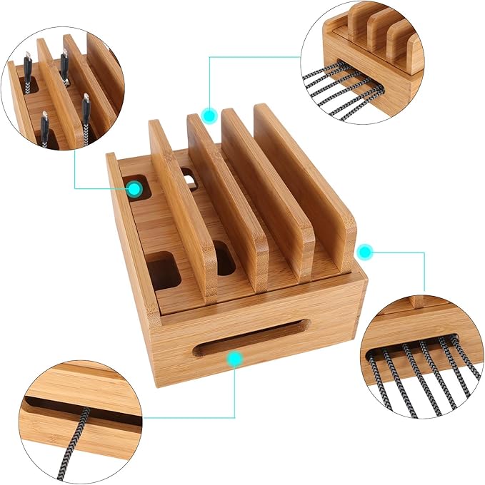 Bamboo Wood Multi-Device Desktop Dock Station Charger Holder Charging Cradle Charge Stand Compatible for iPhone 16 15 14 13 12 11 Pro Max XS XR X iPad 3 4 Mini Pro Air Samsung Huawei Smartphones