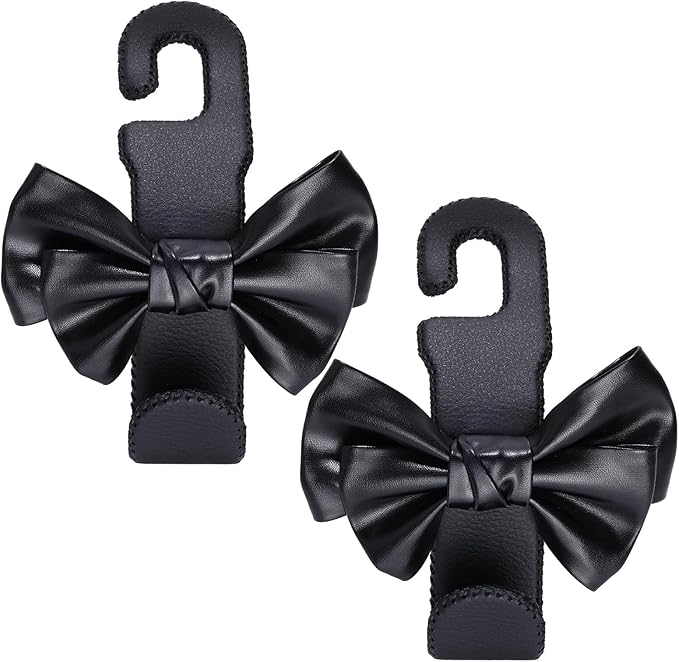 Car Purse Hook, Cute Bow Hooks for Headrest - Leather U-Shaped Purse Holder for Car, Flexible Seat Back Organizer & Durable Vehicle Accessories for Bags, Coats & More (Black-2 Pack)