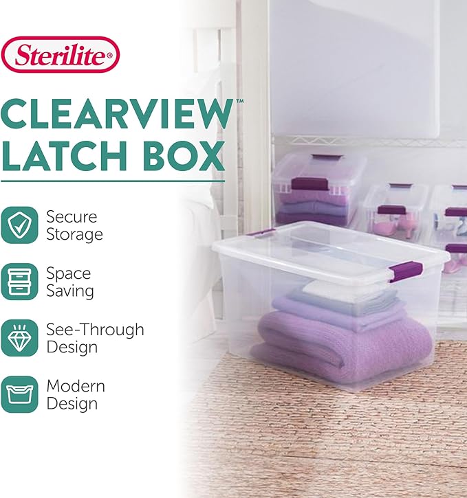 Sterilite 66 Qt ClearView Latch Storage Box, Stackable Bin with Latching Lid, Organize Clothes, Blankets, Items in Closet, Clear Base and Lid, 24-Pack