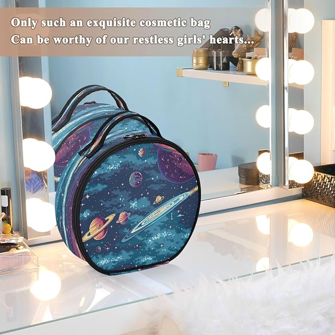 senya Round Cosmetic Pouch Travel Makeup Train Case Starry Sky Planet Makeup Organizer Bag with Adjustable Dividers Portable for Cosmetics Makeup Brushes Toiletry Jewelry Accessories