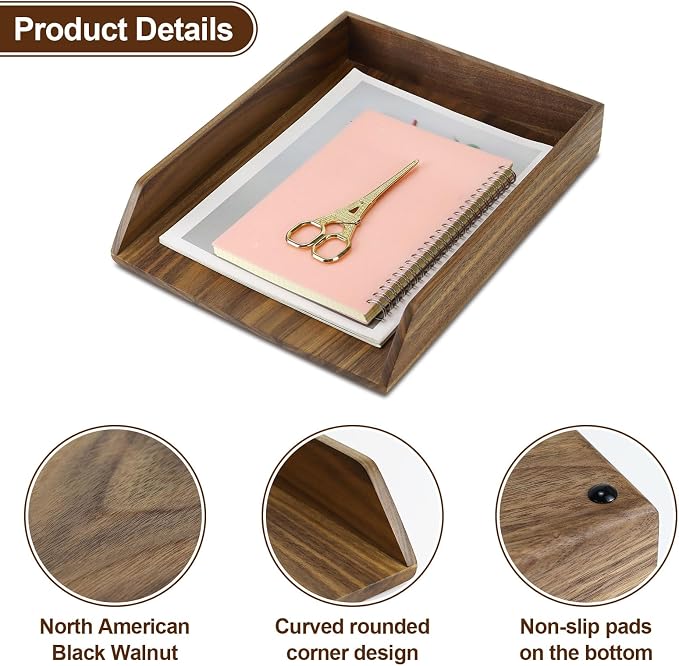 Buqoo Walnut Wood Desk Organizer Letter Tray | 12.9x10.1x2.2in, Rectangular, Serving & Storage Tray, Office/Home