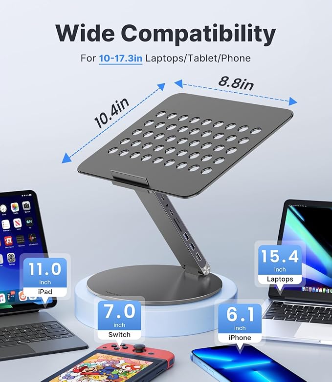 KU XIU Adjustable Laptop Stand with 8 in 1 USB C Hub, Foldable Portable Computer Notebook Stand with 360° Rotating Base, Riser Holder Mount for All 10-17" Laptops (Gray)