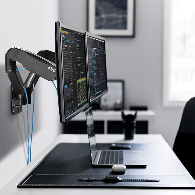 AVLT Dual 17"-32" Monitor Wall Mount fits Two 19.8 lbs Flat/Curved Computer Screen Full Motion Height Swivel Tilt Rotation Adjustable Arm - VESA/Cable Management