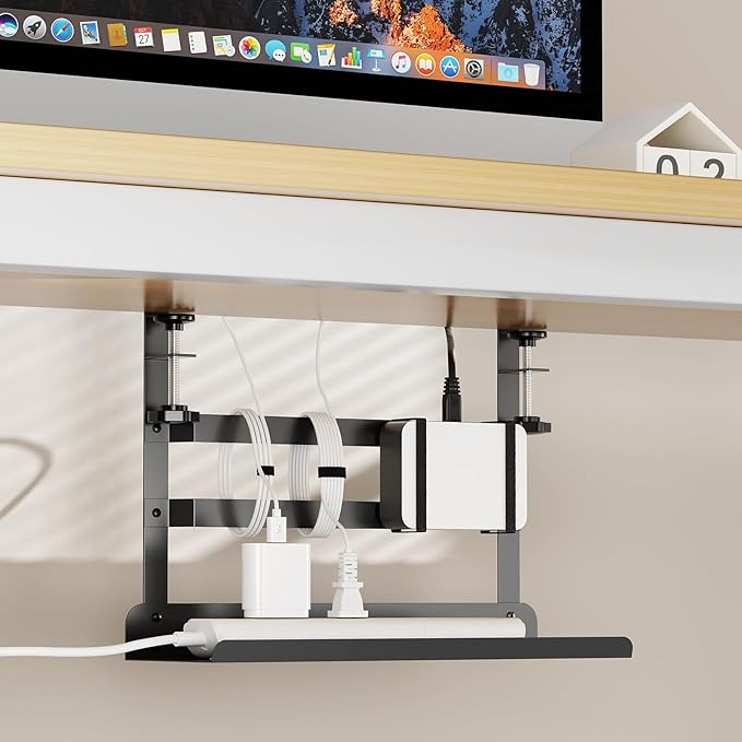 YECAYE Under Desk Cable Management Tray, No Drill Clamp Mount Metal Cable Management Tray with Desk Protection Pads, Under Desk Organizer Easy Installation with Hook & Loop Straps for Home Office