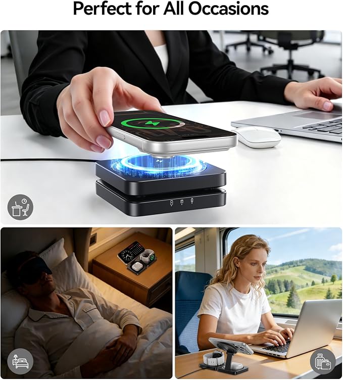Wireless Charger for iPhone, 3-in-1 Magnetic Charging Station for Apple Device, MagSafe Charger Stand for iPhone 17 16 15 14 13 12 Series, Apple Watch Ultra, Airpods Pro, Foldable, Black
