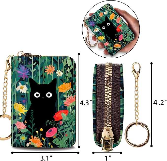 Credit Card Holder RFID Wallet, Small Card Holder Wallet for Women with Keychain Zipper, Funny Leather Print Credit Card Wallets Accordion Gift
