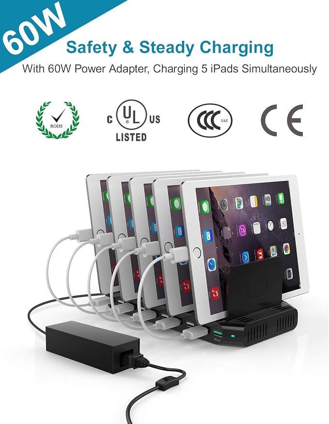 Unitek Fast Charging Station with Quick Charge 3.0, Multi USB Charger Station for Multiple Devices, iPhone, iPad, Tablet, Kindle-Black(UL Certified)
