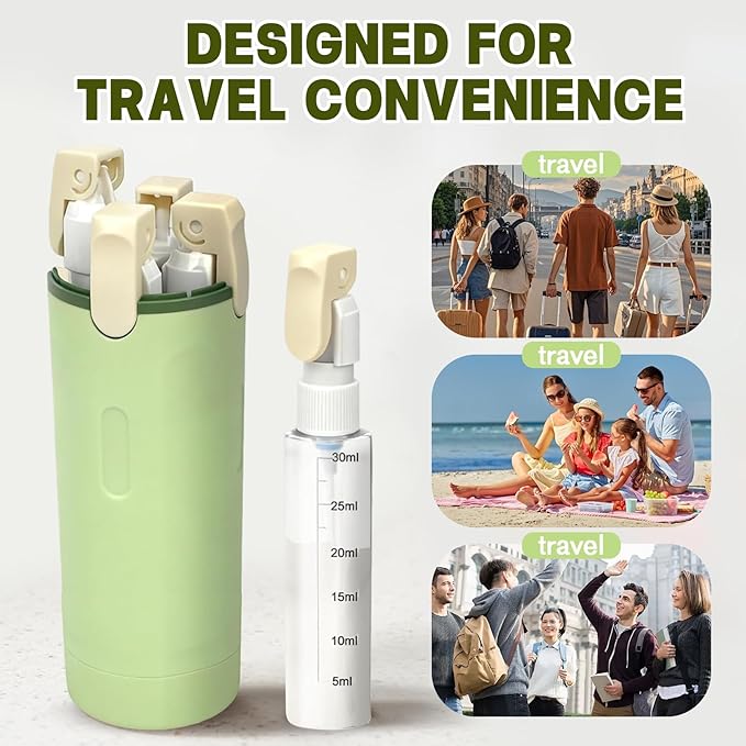 4 in 1 Travel Dispenser, 4 Pack 30ML Travel Bottles with Measurement Scale & Label Stickers for Toiletries, Leak Proof Dispenser Bottle Containers for Shampoo Lotion Conditioner Cream (Green)