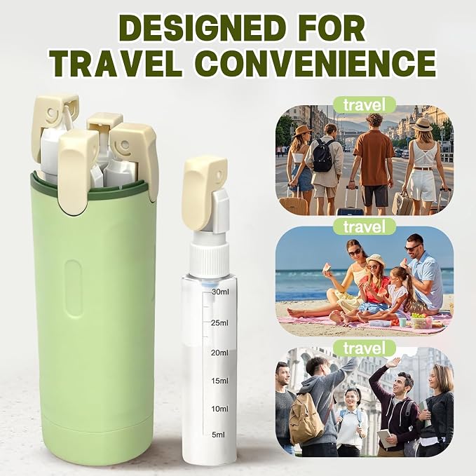 4 in 1 Travel Dispenser, 4 Pack 30ML Travel Bottles with Measurement Scale & Label Stickers for Toiletries, Leak Proof Dispenser Bottle Containers for Shampoo Lotion Conditioner Cream (Green+White)