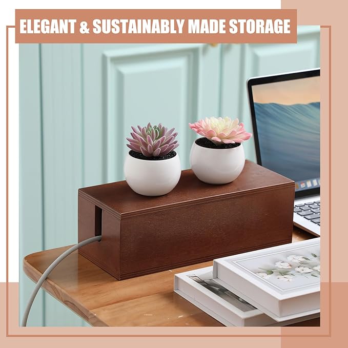 3 Pcs 3 Size Wooden Cable Box Organizer Set with 130 Pcs Cable Management Kit, Desk Cord Hider Cord Holder to Hide Wires Power Strips(Walnut Color)
