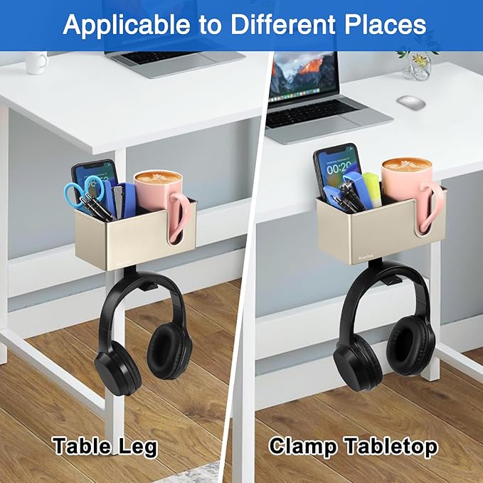 Rosyline 3-in-1 Desk Cup Holder & Clip-on Cup Holder, Clip on Desk Organizer – with Anti-Spill Function, Keeps Your Coffee, Headset, Phone & Pens Within Easy Reach, for Office Desk (Champagne)
