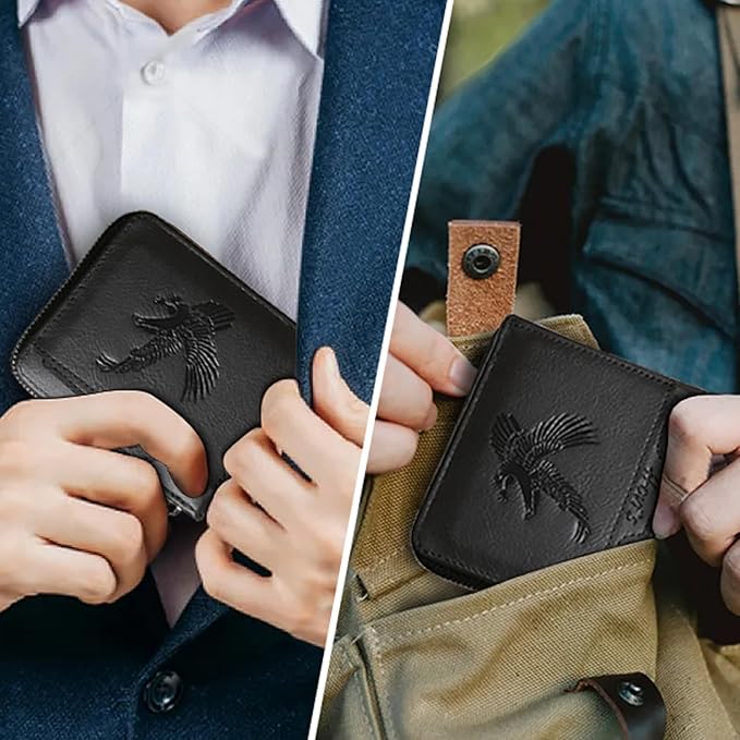 Eagles PU Leather Mens Compact Bifold Wallet, Vintage Zipper Wallet Closure with Detachable Card Case, 2 ID Windows & Snap Coin Pocket for Daily Travel Use
