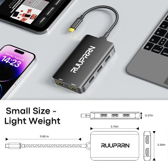 6-in-1 USB Hub (0.99FT), USB C to Dual HDMI Adapter 4K@60Hz, HDMI Splitter Extended Display for Dual Monitors with 100W PD Port, USB 2.0, Dual Monitor Adapter for MacBook Neo/Air/Pro, XPS, HP