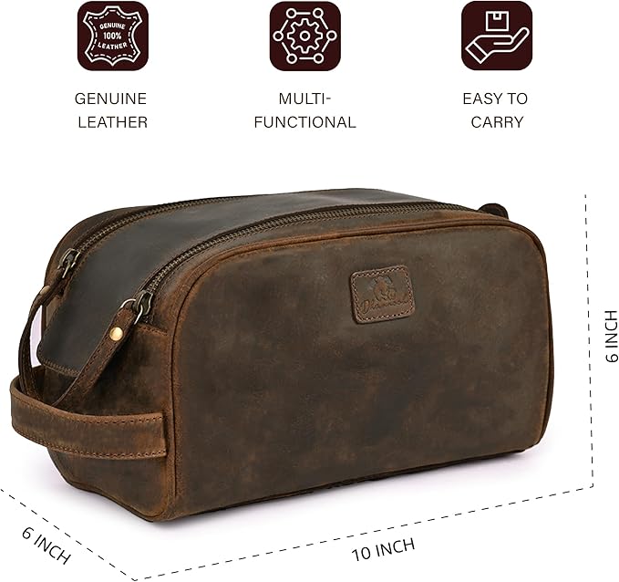 King-Size Premium Leather Toiletry Travel Pouch – Handcrafted Vintage Dopp Kit Bag with Waterproof Lining, Spacious Design for Travel Essentials - Brown