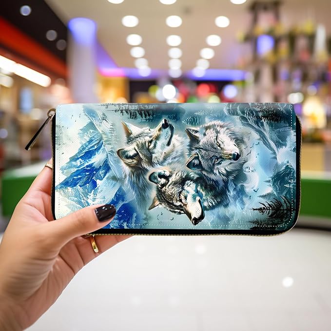 Wallet,Leather Long Wallet Suitable For Ladies And Teenagers - Detachable Wristband + RFID Travel Wallet With Card Slot - Mountain Wolf Pack