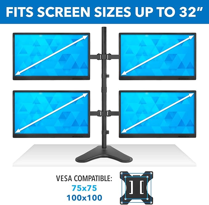 Mount-It! Quad Monitor Stand for 4 Screens up to 32", Free Standing Multi Monitor Desk Mount, Height Adjustable 34.8", 17.6 lbs Each, VESA 75x75 100x100, Steel 4 Monitor Stand, MI-2784