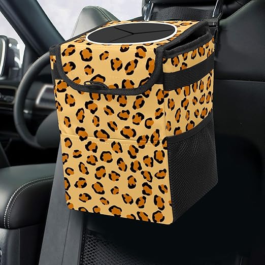 Car Trash Can Leopard Skin Wate-rproof Auto Garbage Bag Car Trash Can with Lid Leak-Proof Car Storage Bag Hanging for Headrest Collapsible and Portable with Storage Mesh Pocket
