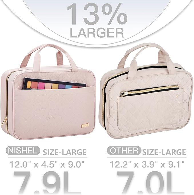 NISHEL Travel Toiletry Bag for women, Portable Hanging Organizer for Full-Sized Shampoo, Conditioner, Brushes Set, Makeup Accessories, Large Size, Pink