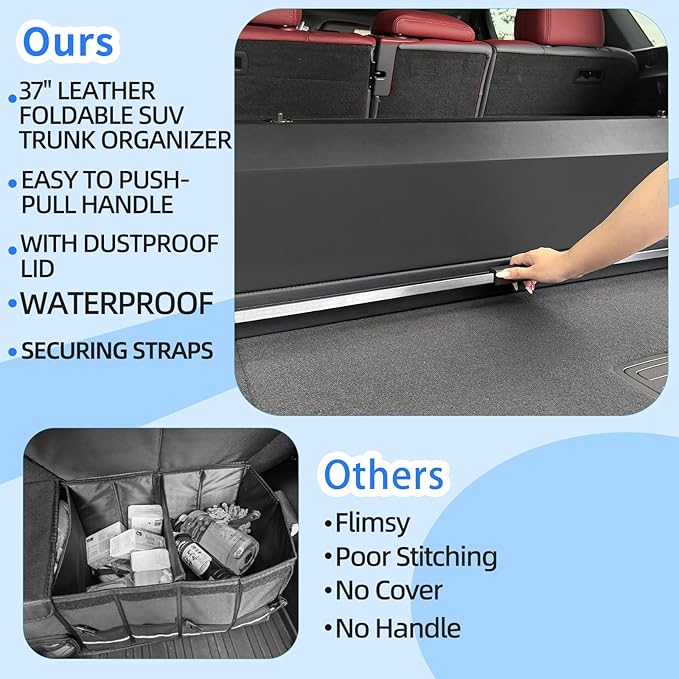 Car Trunk Organizer, Waterproof SUV Organizer Trunk Storage with Lid & Handle, Extra Large Leather Callapsible Cargo Organizers, Durable Car Storage Box for Ford Jeep (40.5''*11.4''*12.2'')
