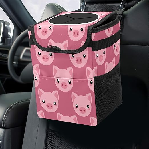 Car Trash Can Pink Piggy Pig Auto Garbage Bag Car Trash Can with Lid Leak-Proof Car Storage Bag Garbage Bag Hanging for Headrest Collapsible and Portable with Storage Mesh Pocket