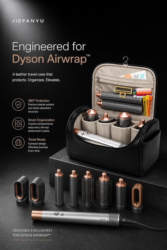 Leather Travel Case for Dyson Airwrap, Portable Storage Bag Designed Specifically for Dyson Airwrap All Series,Shockproof Organizer with Metal Hanging Hook
