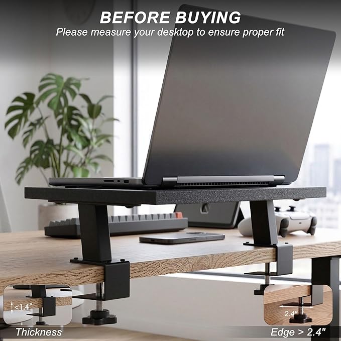 15-Inch Desktop Clamp-on Shelf & Monitor Riser, 2-in-1 Reversible Design ??Fits Either Side of Desk, C-Clamp for Stability, Holds 44 lbs, for Gaming PC, Console & Office Setup