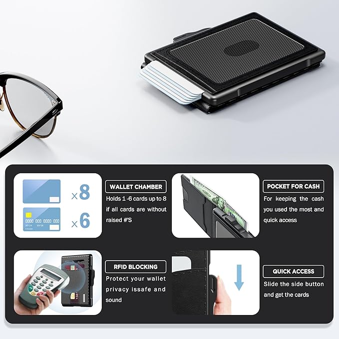 umoven Wallet for Men - Pop Up Case, Cash Slot, and Credit Card Slot - Slim Aluminum Wallet with RFID Blocking, Minimalist Leather Wallet Front Pocket with ID Window, Gift Box (Dark black)