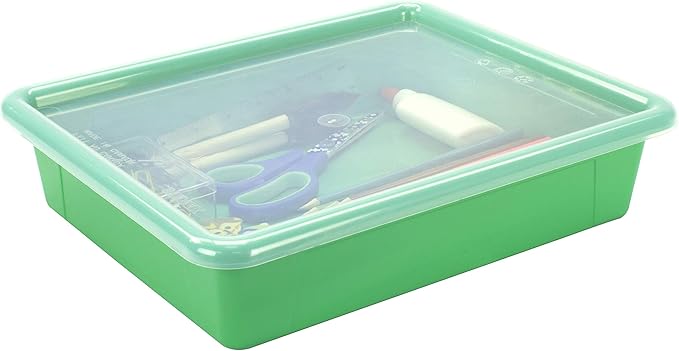 Storex Letter Size Flat Storage Tray – Organizer Bin with Non-Snap Lid for Classroom, Office and Home, Green, 5-Pack (62539A05C)