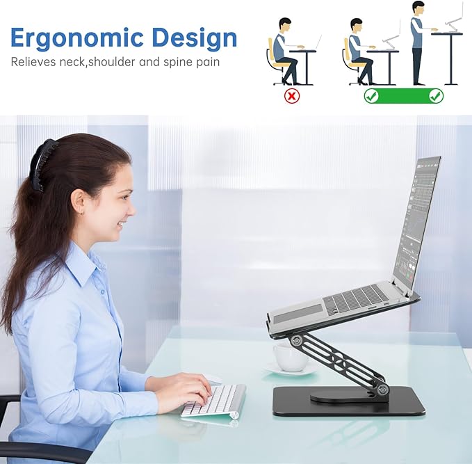 Laptop Stand for Desk Adjustable Computer Stand with 360 Rotating Base Ergonomic Laptop Riser Mount for Desk Foldable Protable Computer Desk Fits with MacBook Pro Air, Black