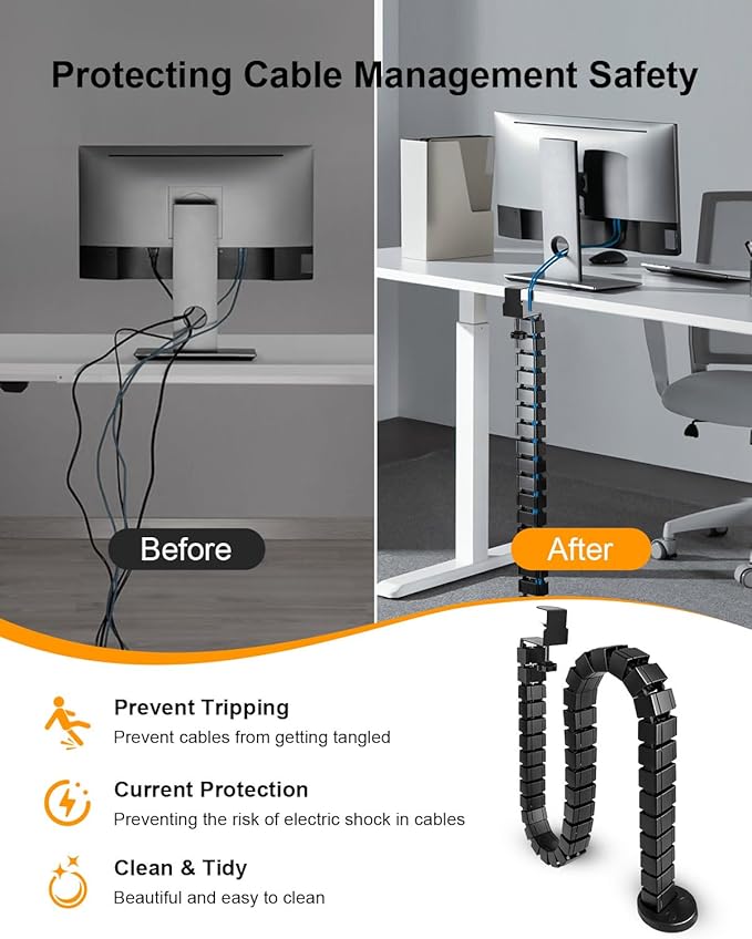 No Drill Clamp-On Under Desk Cable Management Kit, Adjustable Vertebrae Cord Organizer, Flexible Under Desk Wire Management for Standing Desk, Black