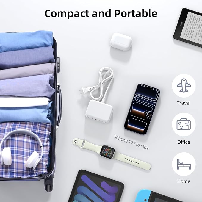6 in 1 USB Charger, 50% Smaller Charging Station for Multiple Devices, 100W Fast Charging Blocks with Type C Ports, USB Charging Hub Organizer Multiport Power Strip for iPhone, Ipad, Kindle, Travel