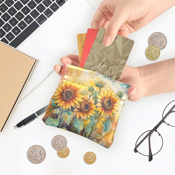 Sunflower Women's Waterproof PU Leather Coin Purse, Slim Travel Wallet with Zipper - Compact Card Holder & Jewelry Organizer for Cash, Keys, Lipstick