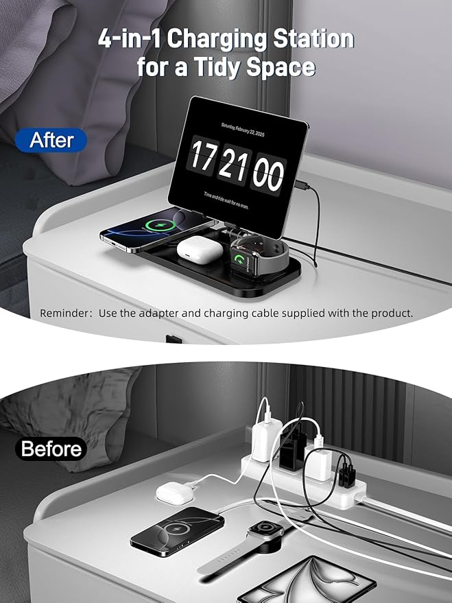 4 in 1 Wireless Charging Station with Stand for iPhone 16/15/14, Apple Watch 10/9/8, AirPods Pro 2 | Foldable Travel Charger | Nightstand Design (Black)