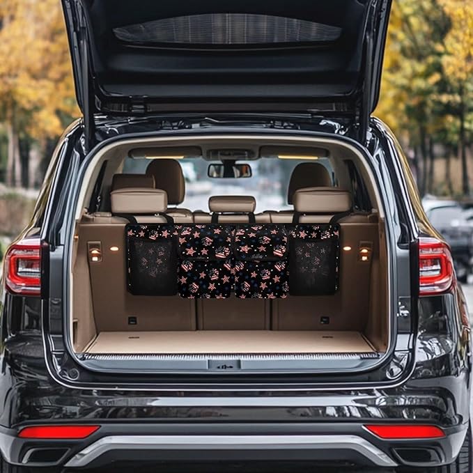American Flag Car Trunk Organizer,Deer Large Capacity Car Storage Organizer,Dog Paw Hanging Foldable Auto Storage Keep Clean and Tidy 4th of July Patriotic Decorations