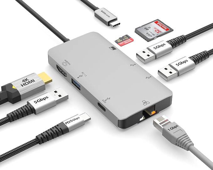 USB C Hub Docking Station 8 in 1 with 4K HDMI, 1 Gbit Ethernet, 3 USB A 3.0 Ports, 1 USB-C PD/Data, SD/Micro SD for Work and Travel, Compatible with MacBook/Dell/HP/Lenovo/Laptops