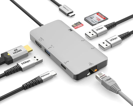USB C Hub Docking Station 8 in 1 with 4K HDMI, 1 Gbit Ethernet, 3 USB A 3.0 Ports, 1 USB-C PD/Data, SD/Micro SD for Work and Travel, Compatible with MacBook/Dell/HP/Lenovo/Laptops