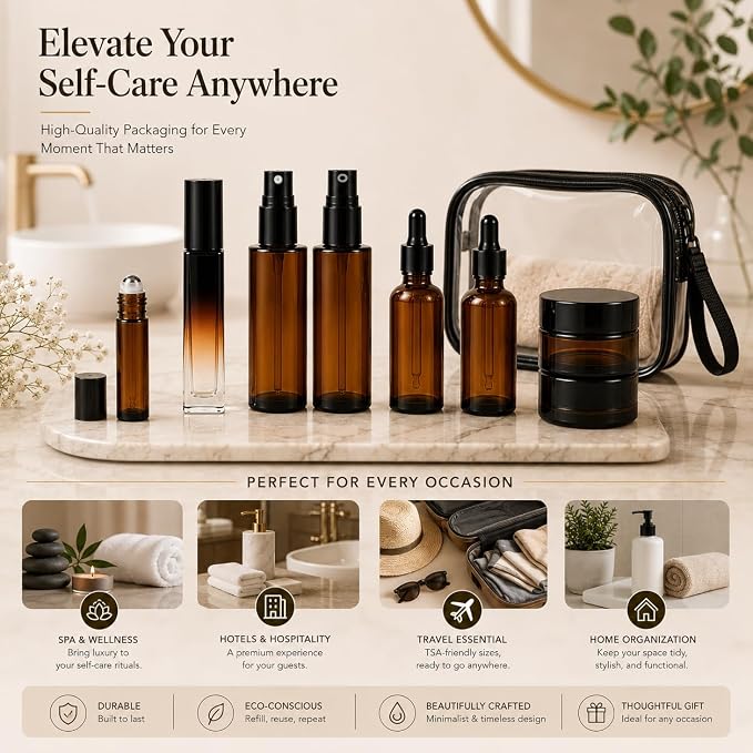 18Pack Avoid light Glass Travel Bottles for Toiletries, TSA Approved Skincare Travel containers with Label, BPA Free Leak Proof,Black-Brown