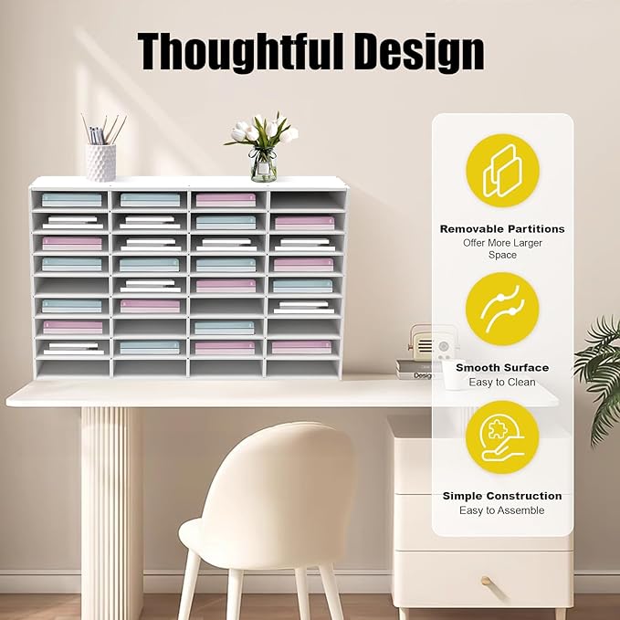 Literature Organizer 36 Slots, Compartments Mail Sorter Organizer, Adjustable Desktop File Organizer with Removable Shelves, Paper Organizer for Home Office School (White, 36 Slots)