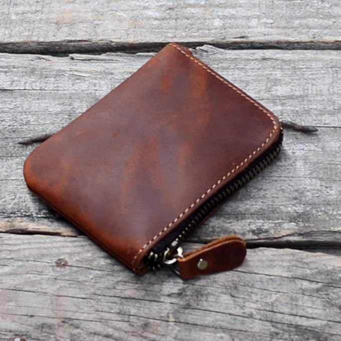 JJNUSA Genuine Leather Zipper Coin Purse Wallet With Key Car Smart Holder, Change Purse, Coin Pouch Holder For Men (Brown)