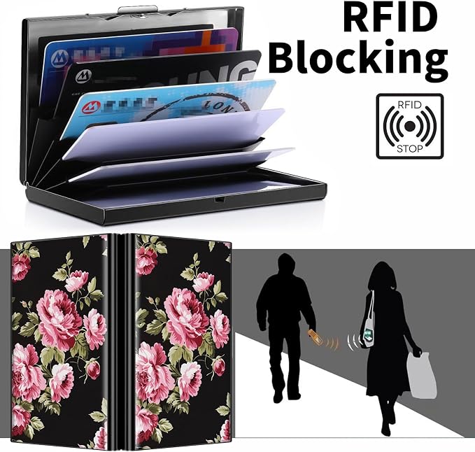 Metal Wallet, Credit Card Holder for Women Men Girls, RFID Blocking Aluminum Wallet Slim Hard Case, Mini Travel Wallet, ID Card Holder Business Card Case,Flower Floral
